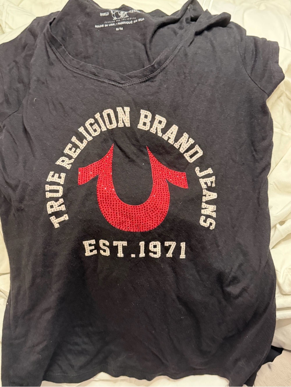 True Religion Black Tee with Red Sequin Horseshoe Logo